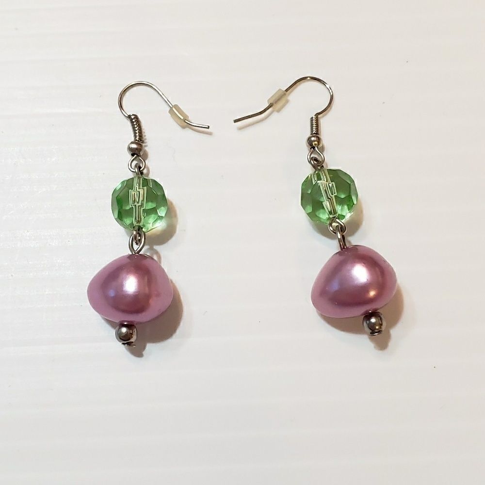 Pink Pearl Green Crystal Drop Pierced Earrings